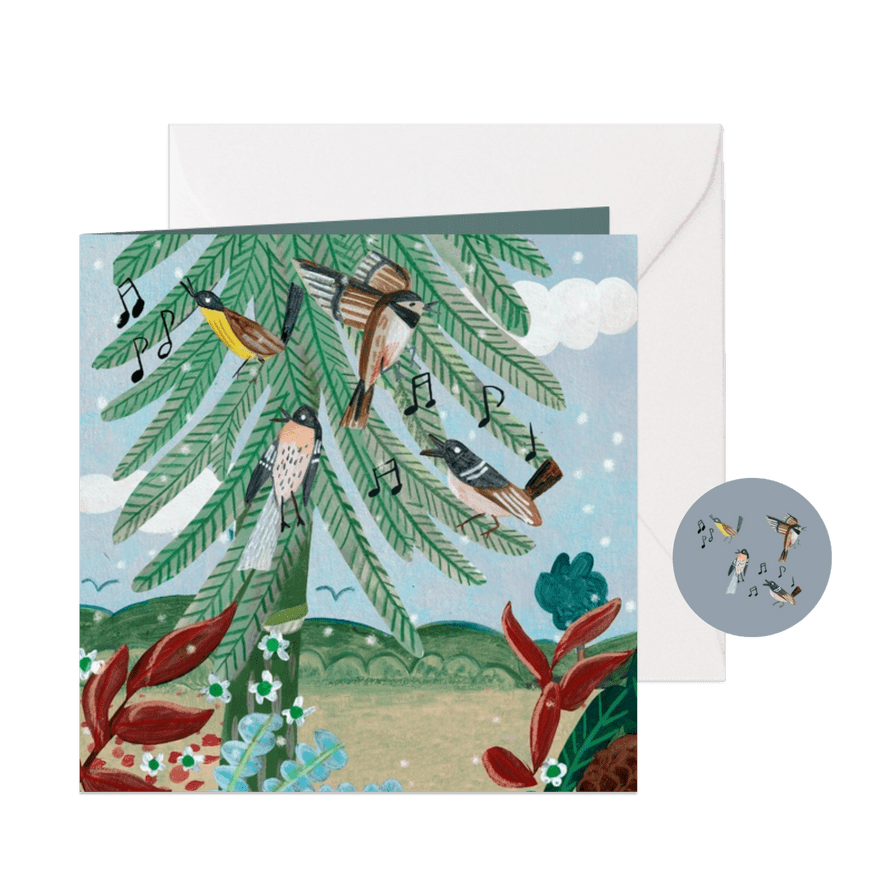 Kerstkaart 'four calling birds' illustratie - Kaartimpressie