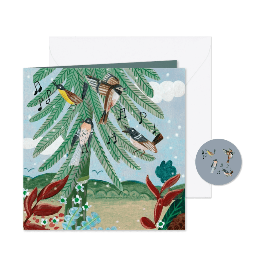 Kerstkaart 'four calling birds' illustratie - Kaartimpressie