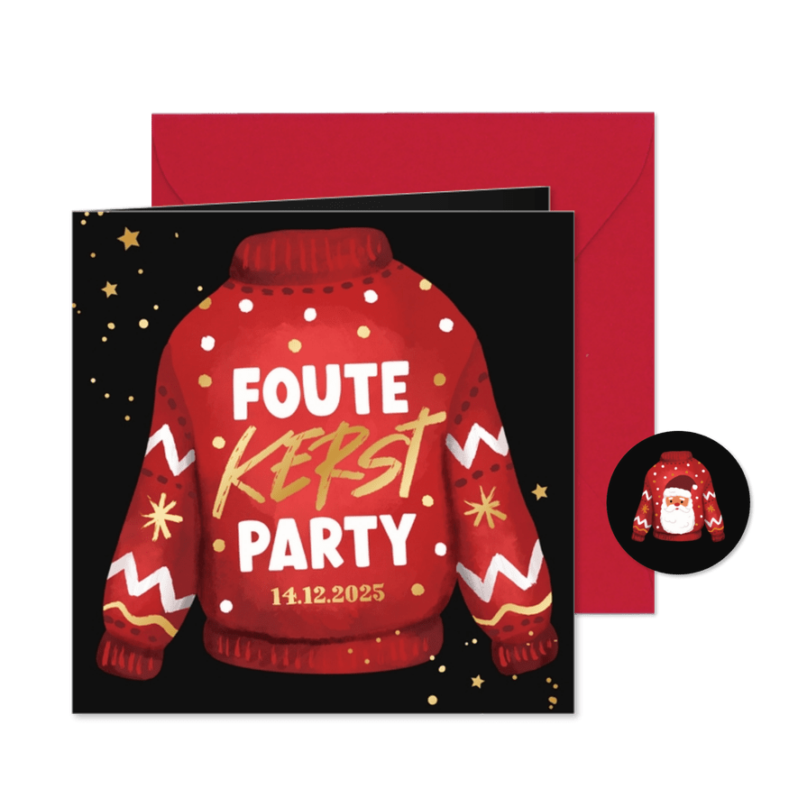 Kerstkaart foute kerst party uitnodiging kersttrui goud - Kaartimpressie