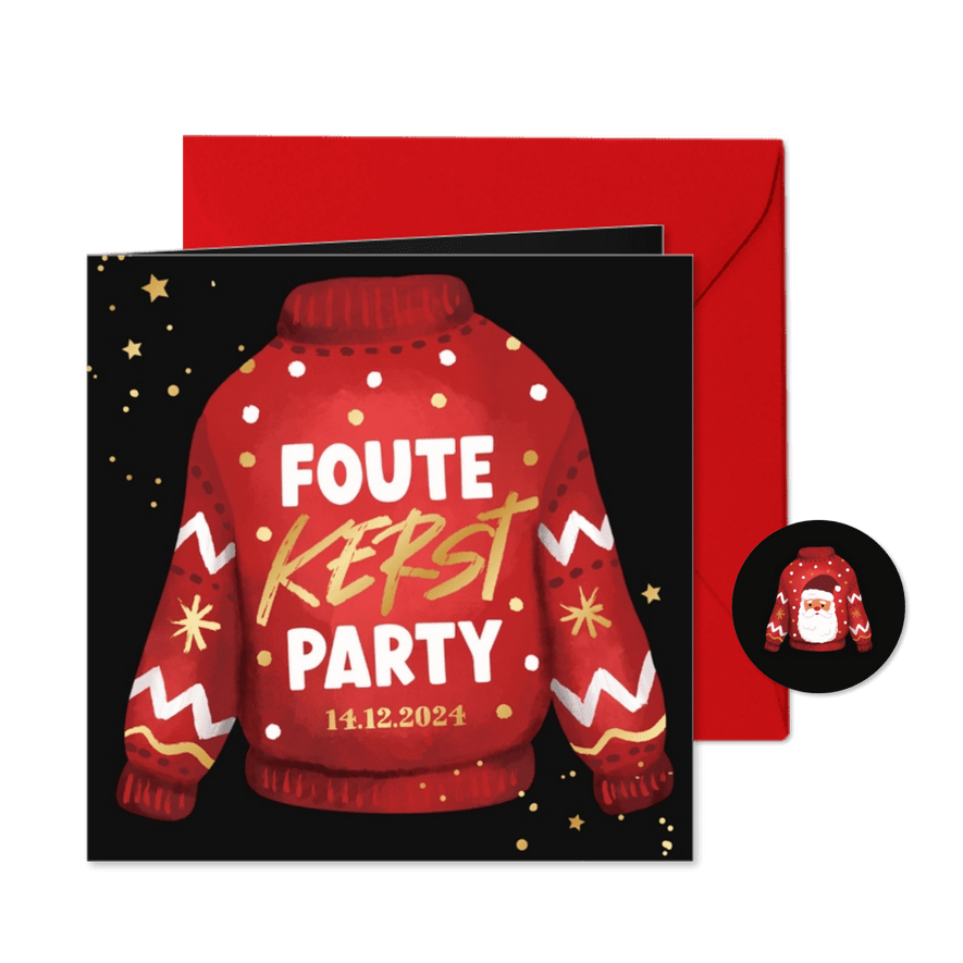 Kerstkaart foute kerst party uitnodiging kersttrui goud - Kaartimpressie