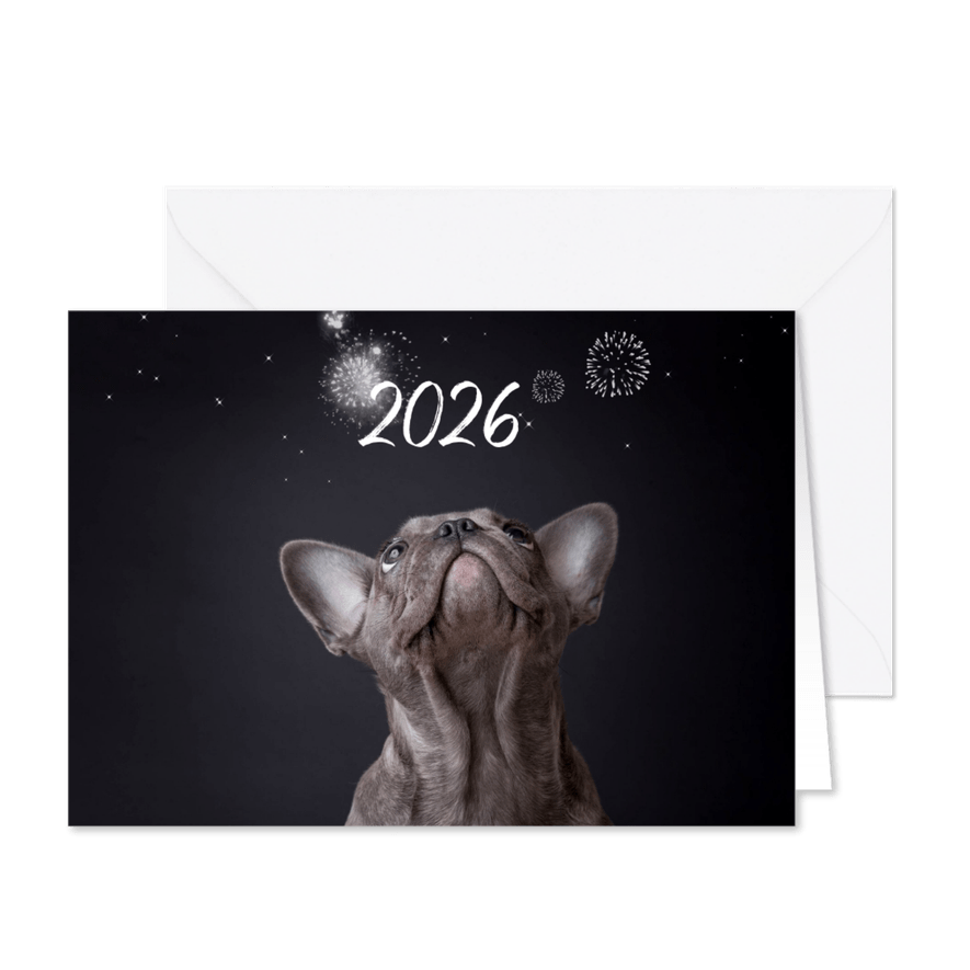 Kerstkaart - Franse Bulldog vuurwerk - Kaartimpressie