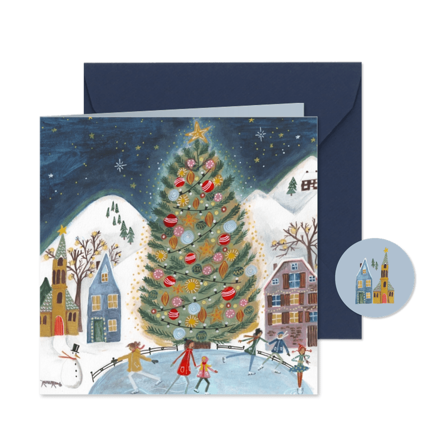 Kerstkaart gedecoreerde kerstboom met mensen die schaatsen - Kaartimpressie