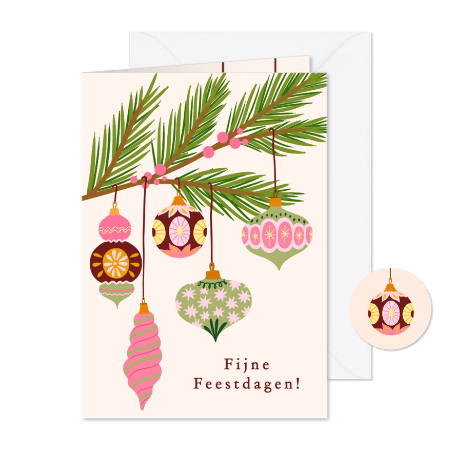 Kerstkaart gekleurde ornamenten - Kaartimpressie