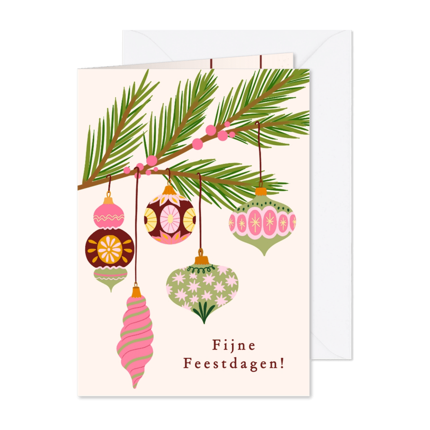 Kerstkaart gekleurde ornamenten - Kaartimpressie