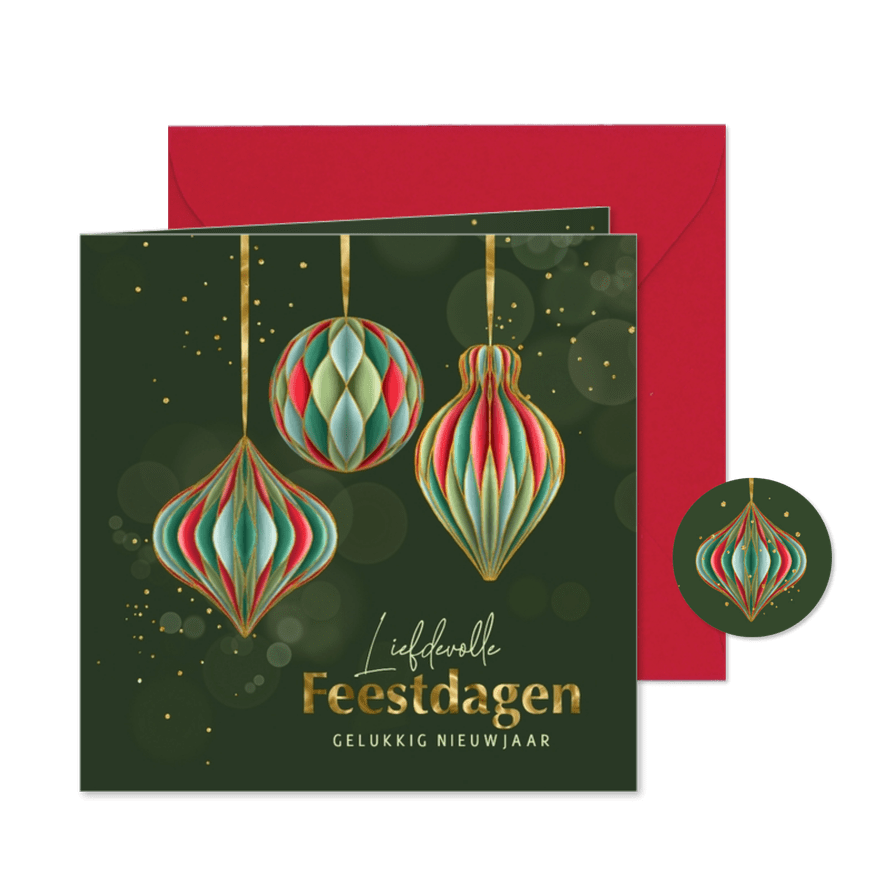 Kerstkaart gekleurde papieren kersthangers met goud - Kaartimpressie