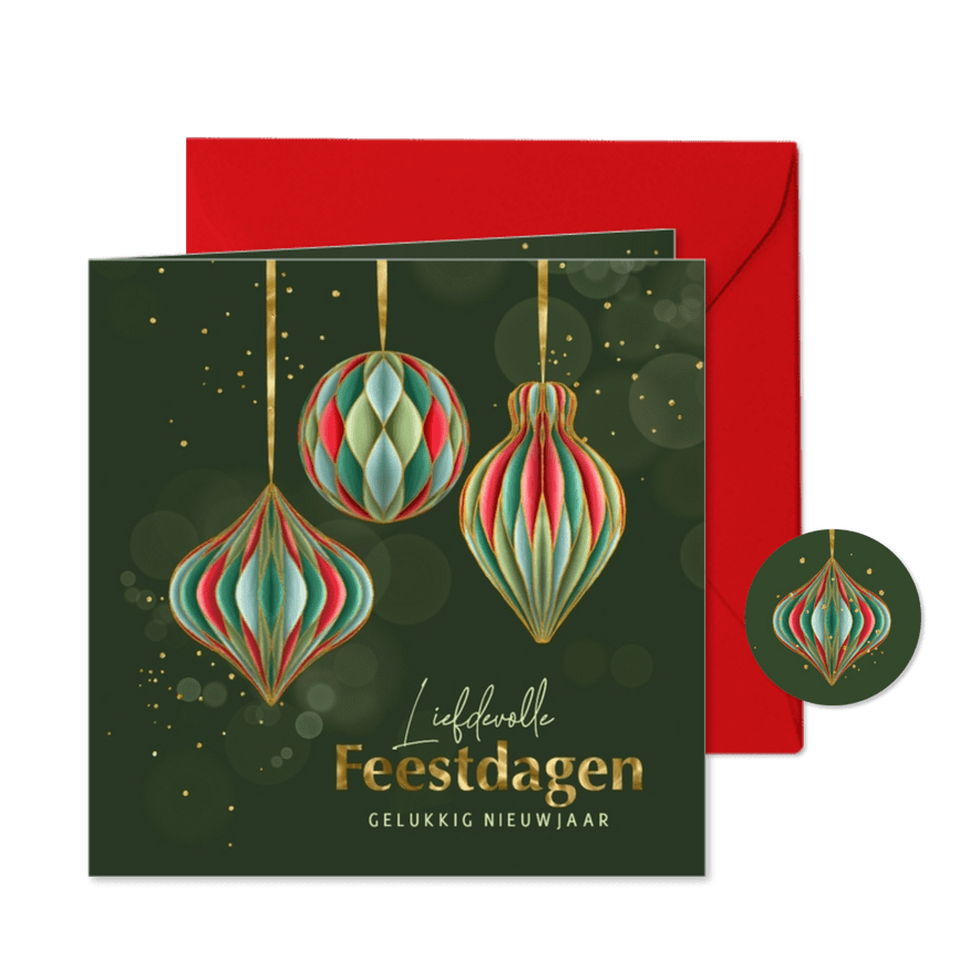 Kerstkaart gekleurde papieren kersthangers met goud - Kaartimpressie