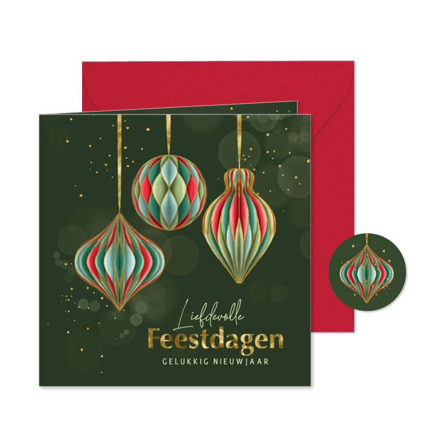 Kerstkaart gekleurde papieren kersthangers met goud - Kaartimpressie