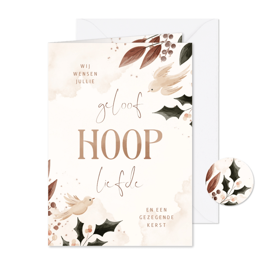 Kerstkaart geloof hoop liefde met takjes en duiven - Kaartimpressie