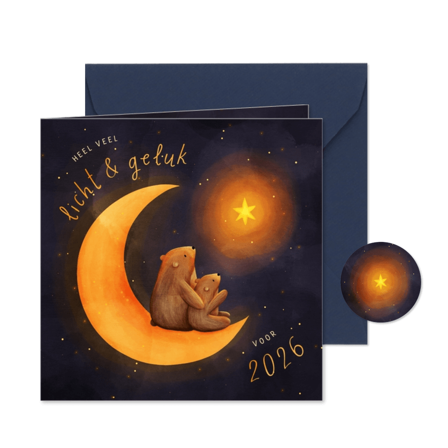 Kerstkaart geluk & liefde voor 2026 maan met beertjes - Kaartimpressie