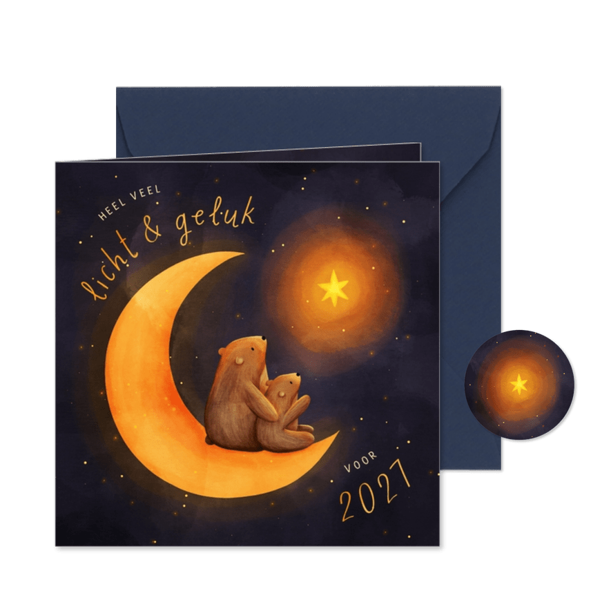 Kerstkaart geluk & liefde voor 2027 maan met beertjes - Kaartimpressie