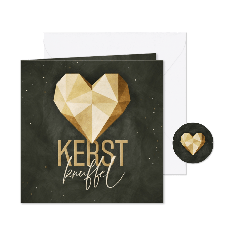 Kerstkaart geometrisch hart in goudlook met kerstknuffel - Kaartimpressie