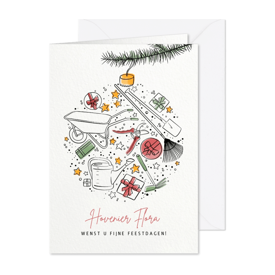 Kerstkaart gereedschap hovenier kerstbal - Kaartimpressie