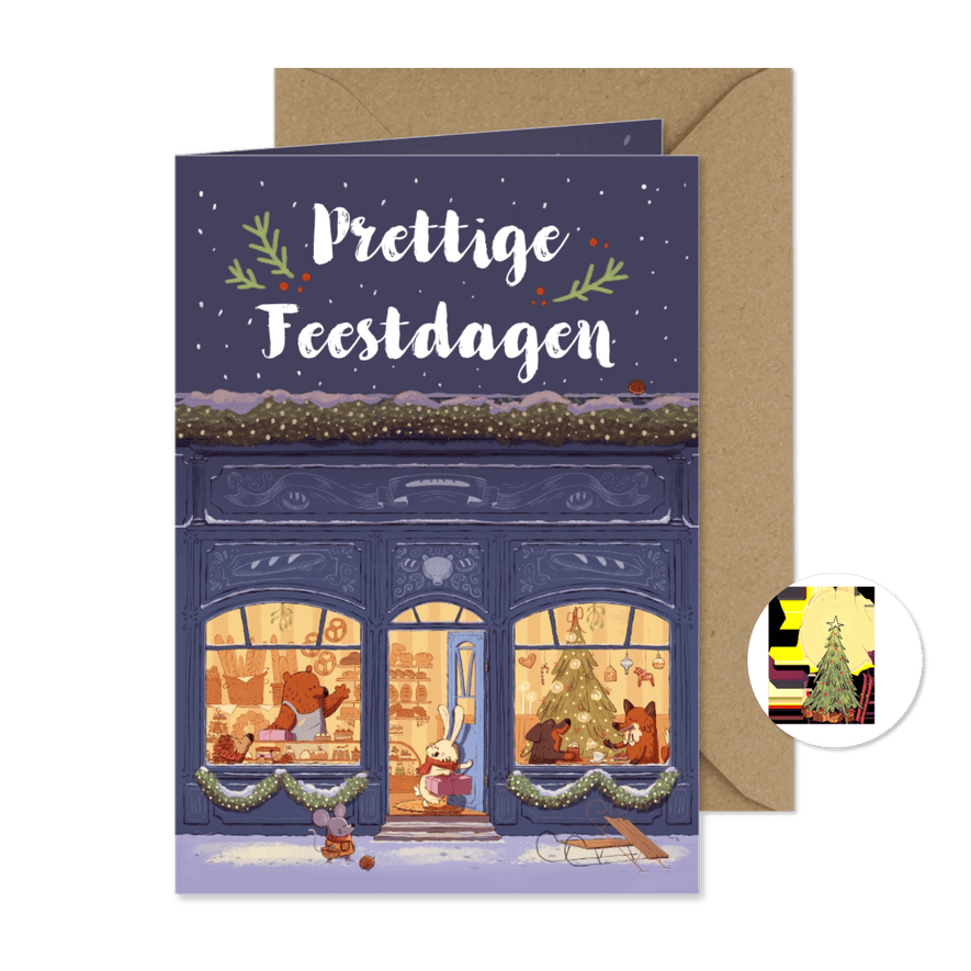 Kerstkaart gezellige bakkerij met dieren - Kaartimpressie