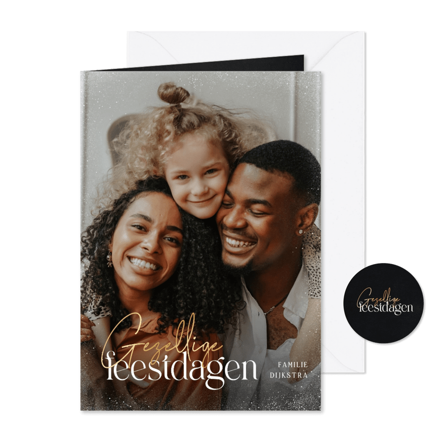 Kerstkaart gezellige feestdagen goudlook en sneeuwkader foto - Kaartimpressie