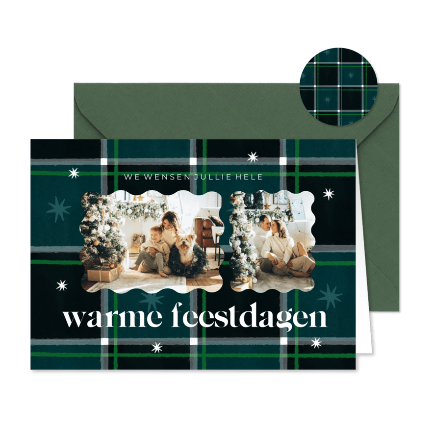 Kerstkaart gezellige feestdagen plaid patroon blauw groen - Kaartimpressie