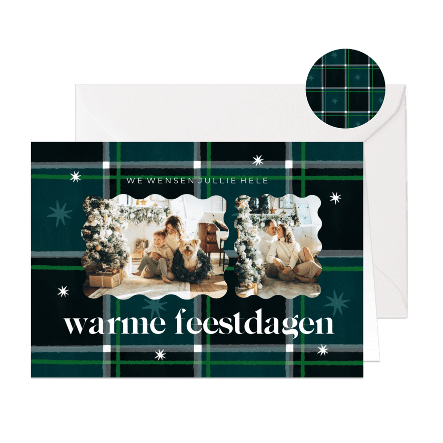 Kerstkaart gezellige feestdagen plaid patroon blauw groen - Kaartimpressie