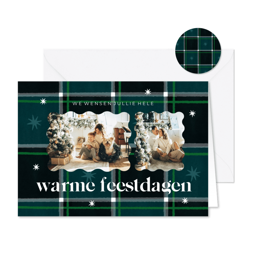 Kerstkaart gezellige feestdagen plaid patroon blauw groen - Kaartimpressie