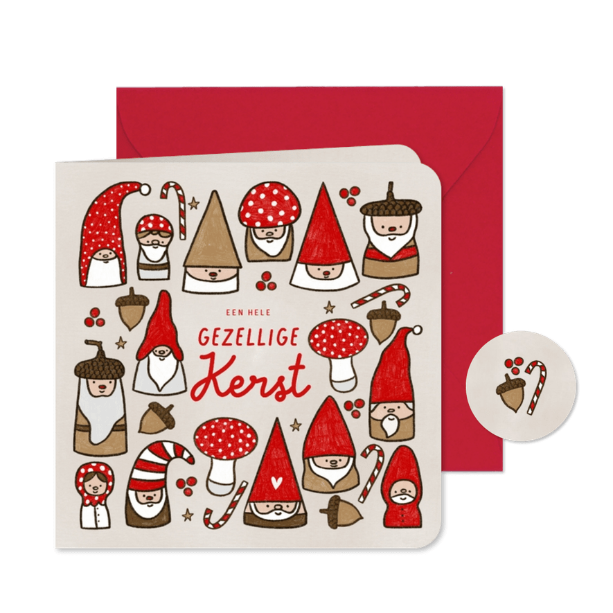 Kerstkaart gezellige kabouters paddestoelen en eikeltjes - Kaartimpressie