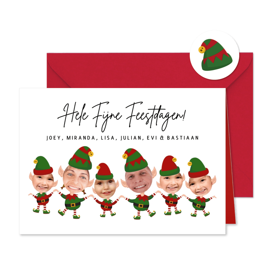 Kerstkaart gezin maak een elf van jezelf 6 personen foto - Kaartimpressie