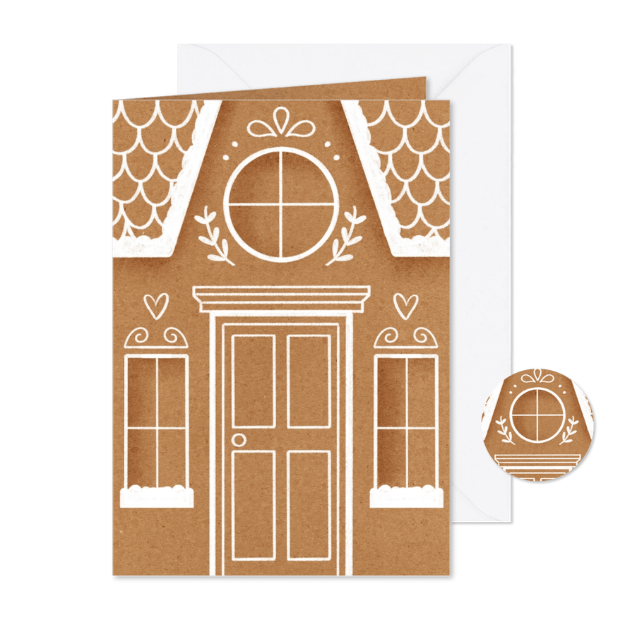 Kerstkaart gingerbreadhuis voor- en achterkant - Kaartimpressie
