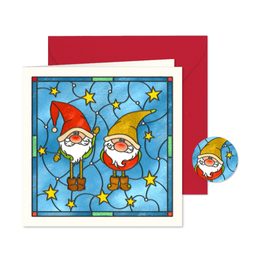Kerstkaart glas-in-lood kabouters - Kaartimpressie