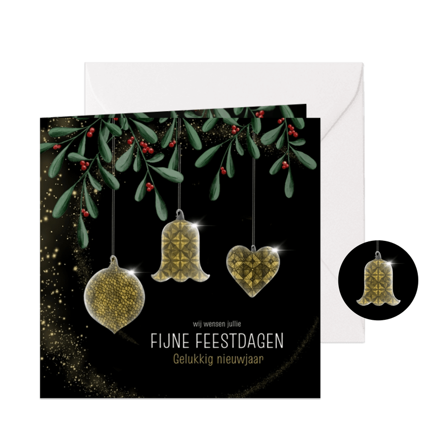 Kerstkaart glas-in-lood kersthangers onder mistletoe - Kaartimpressie