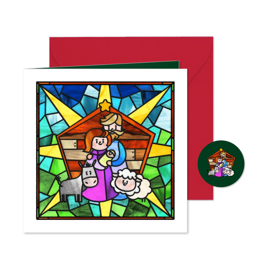 Kerstkaart glas in lood kerststal - Kaartimpressie