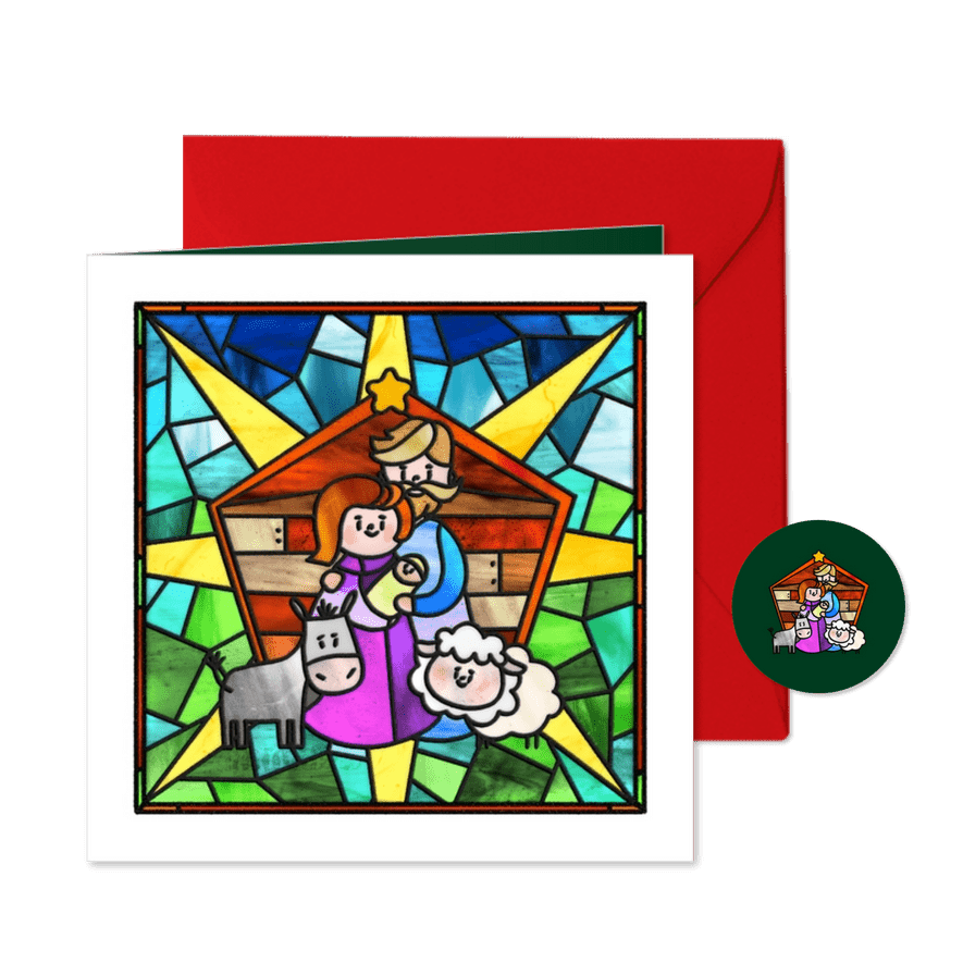 Kerstkaart glas in lood kerststal - Kaartimpressie