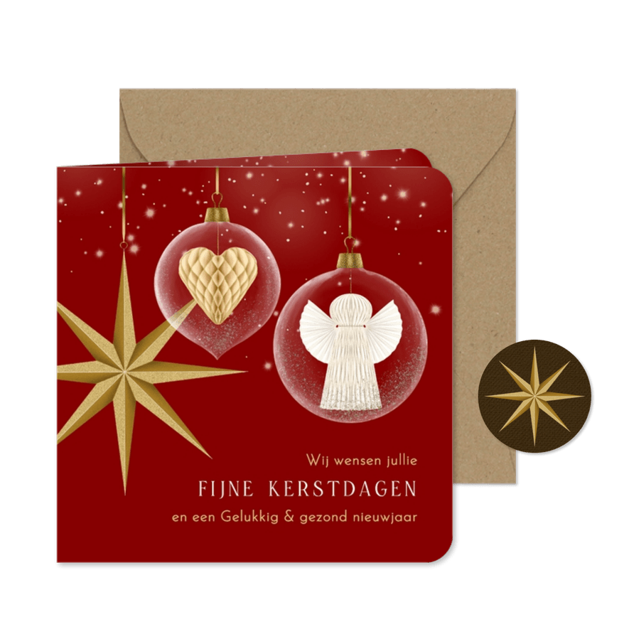 Kerstkaart glasbal met hart en engel - Kaartimpressie