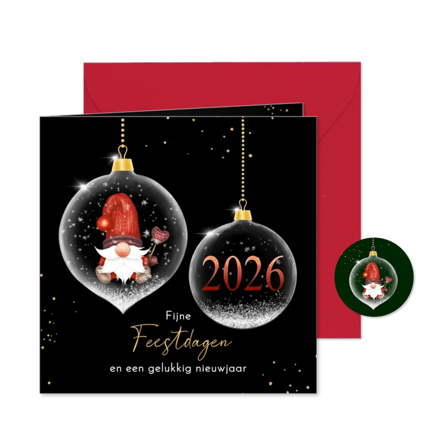 Kerstkaart glasballen met kabouter - Kaartimpressie