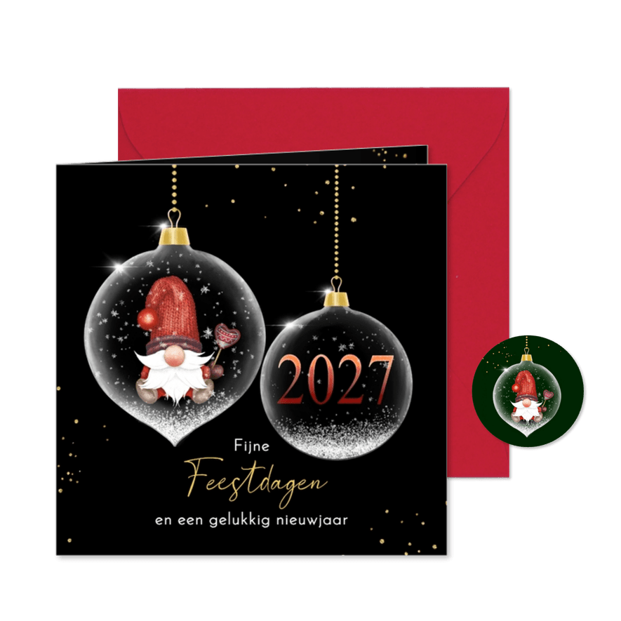 Kerstkaart glasballen met kabouter - Kaartimpressie