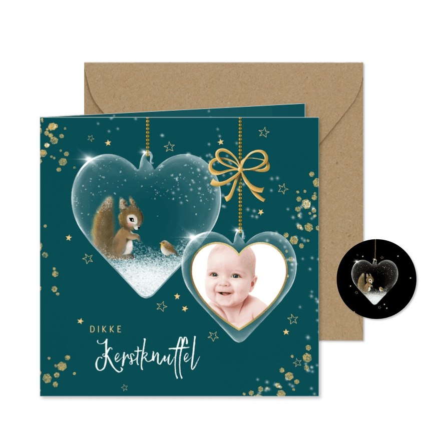 Kerstkaart glazen harten met foto - Kaartimpressie