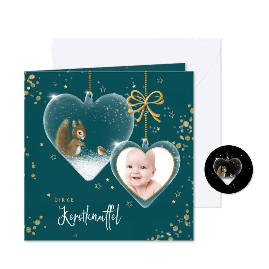 Kerstkaart glazen harten met foto - Kaartimpressie