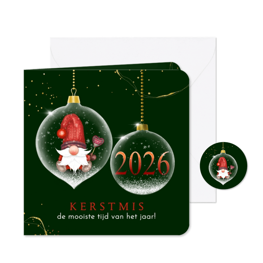 Kerstkaart glazen kerstbal met kabouter 2026 - Kaartimpressie