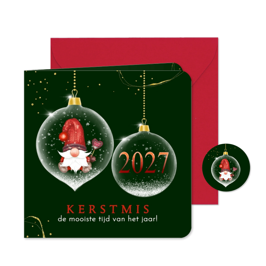 Kerstkaart glazen kerstbal met kabouter 2027 - Kaartimpressie