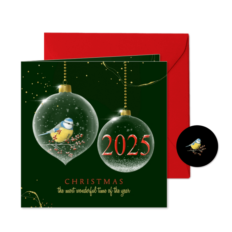 Kerstkaart glazen kerstbal met vogel 2025 - Kaartimpressie