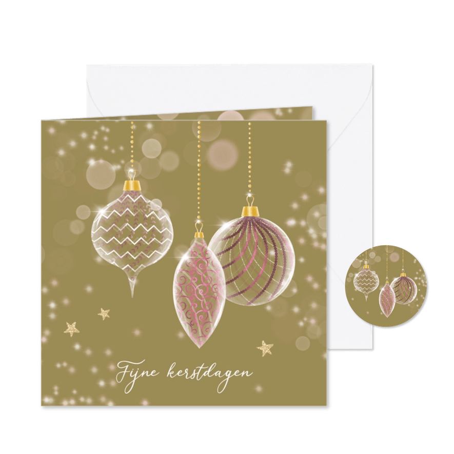 Kerstkaart glazen kerstballen en sterren - Kaartimpressie