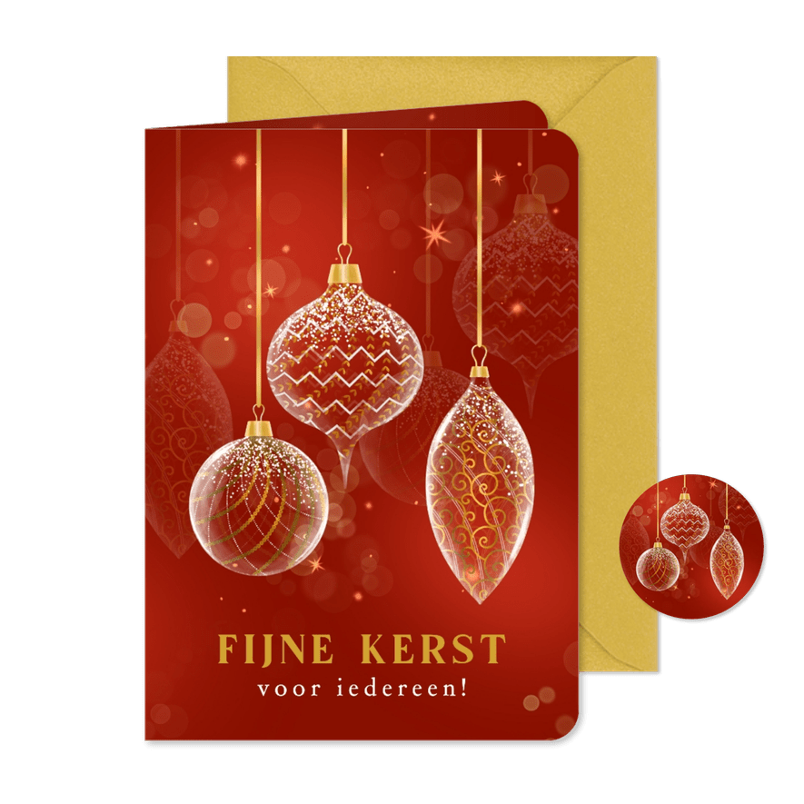 Kerstkaart glazen kerstballen met motief wit en goud - Kaartimpressie