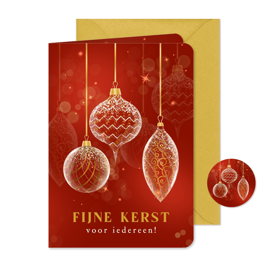 Kerstkaart glazen kerstballen met motief wit en goud - Kaartimpressie