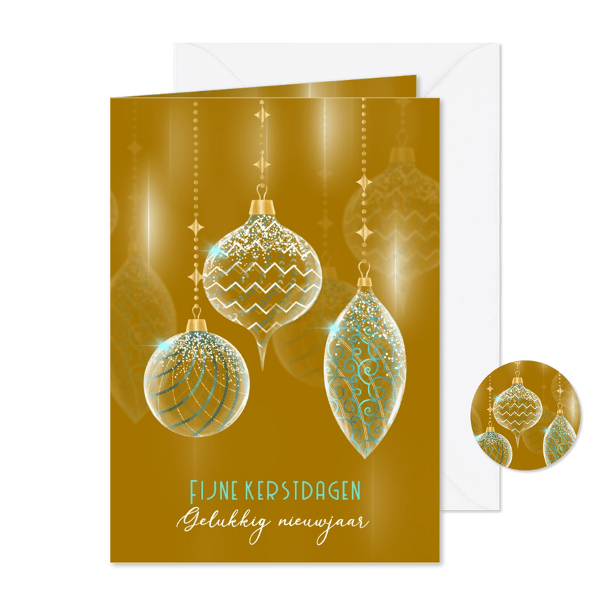 Kerstkaart glazen kerstballen op oker - Kaartimpressie