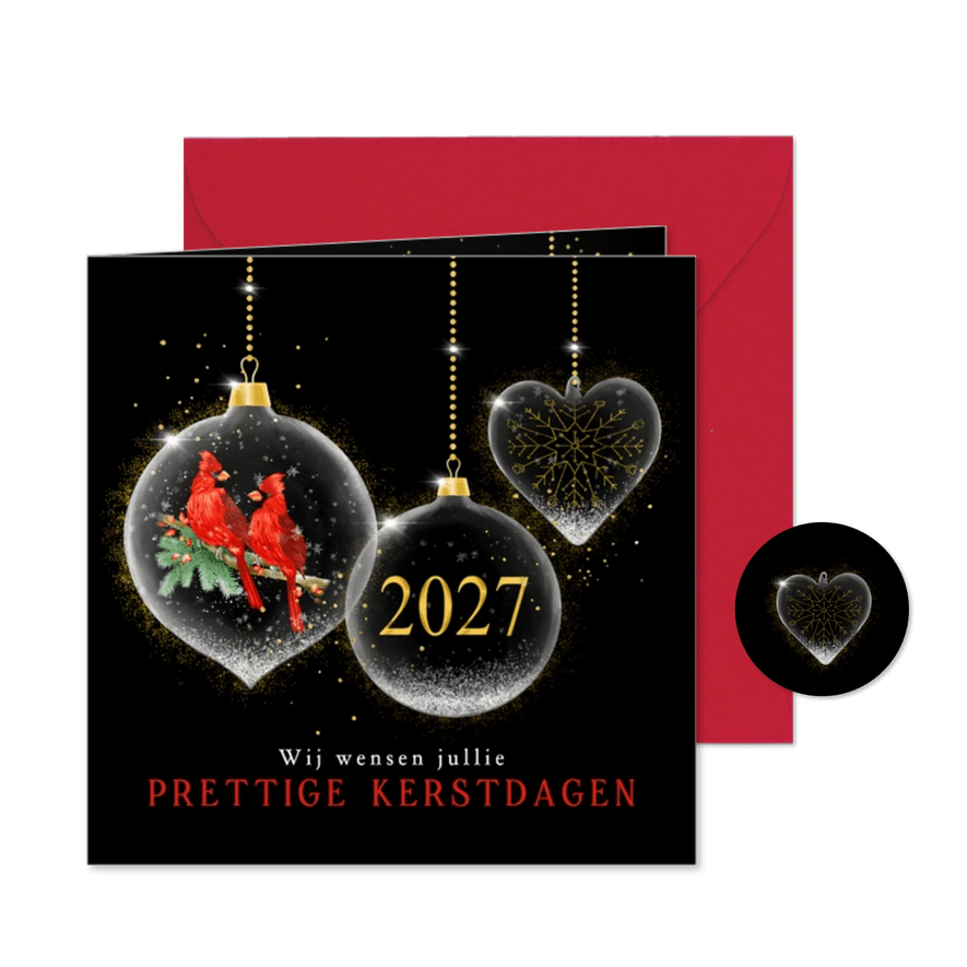Kerstkaart glazen kerstballen op zwart met jaartal - Kaartimpressie