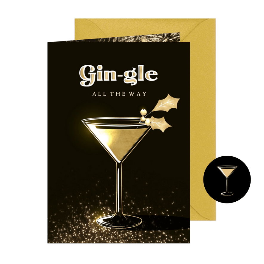 Kerstkaart goud chique humor gingle all the way cocktailglas - Kaartimpressie