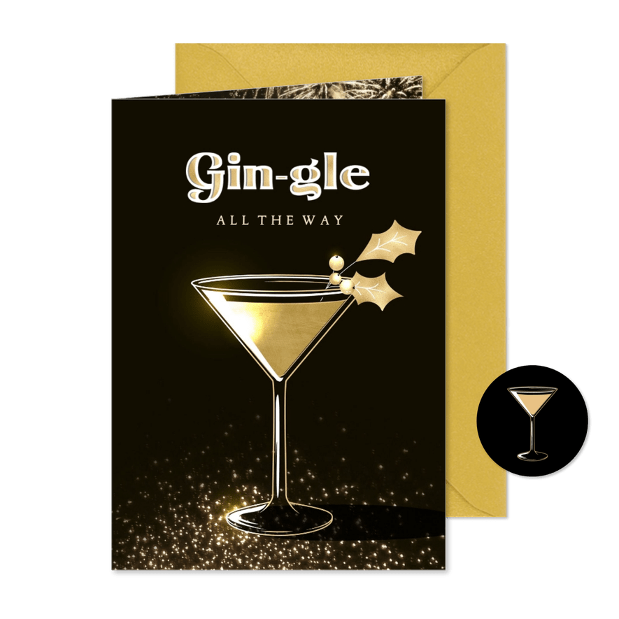 Kerstkaart goud chique humor gingle all the way cocktailglas - Kaartimpressie