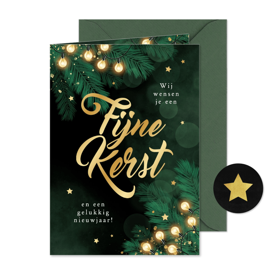 Kerstkaart goud dennentakken groen fijne kerst lampjes - Kaartimpressie