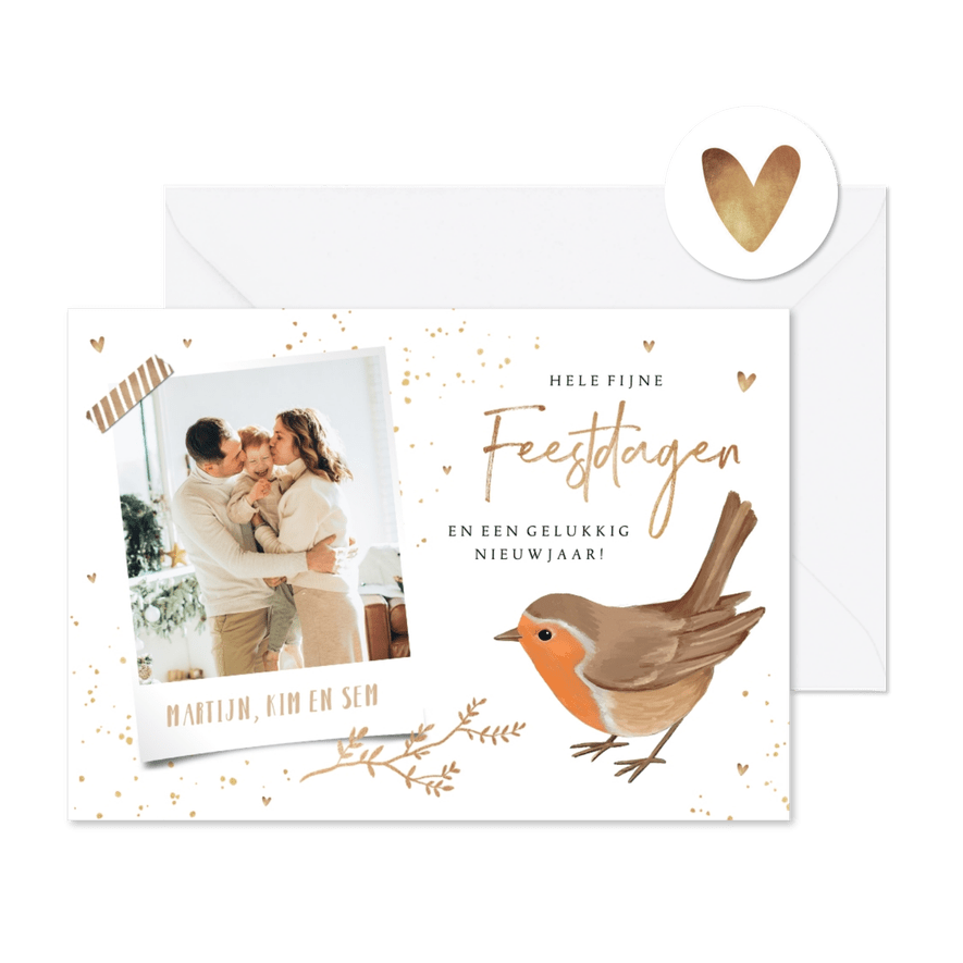 Kerstkaart goud fijne feestdagen roodborstje foto hartjes - Kaartimpressie