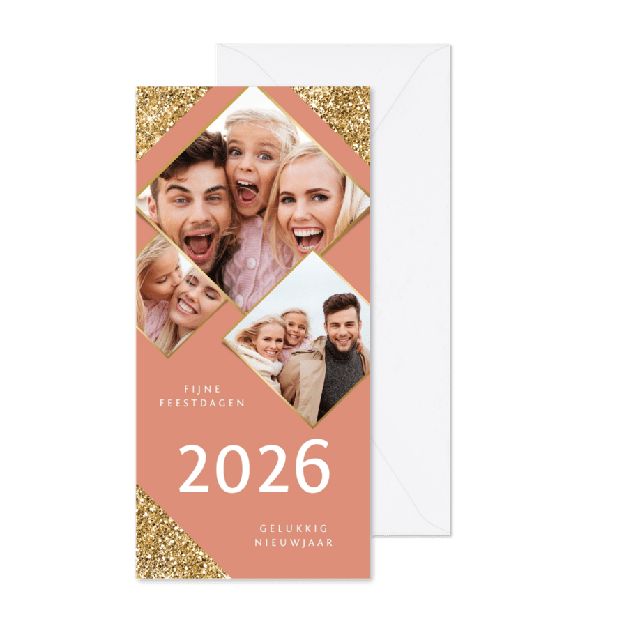 Kerstkaart goud glitter fotocollage stijlvol - Kaartimpressie