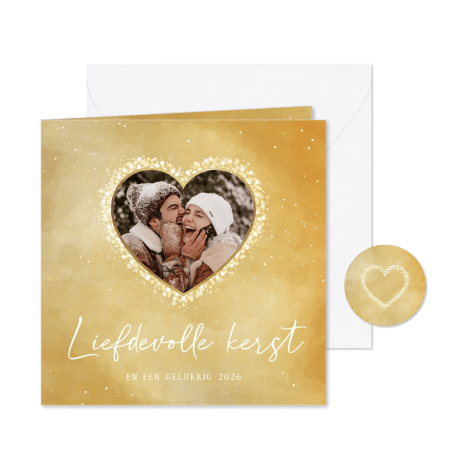 Kerstkaart goud hart van sparkles foto liefdevolle kerst - Kaartimpressie