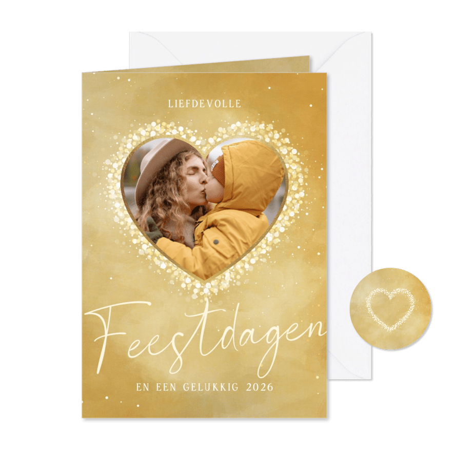 Kerstkaart goud hart van sparkles met foto - Kaartimpressie