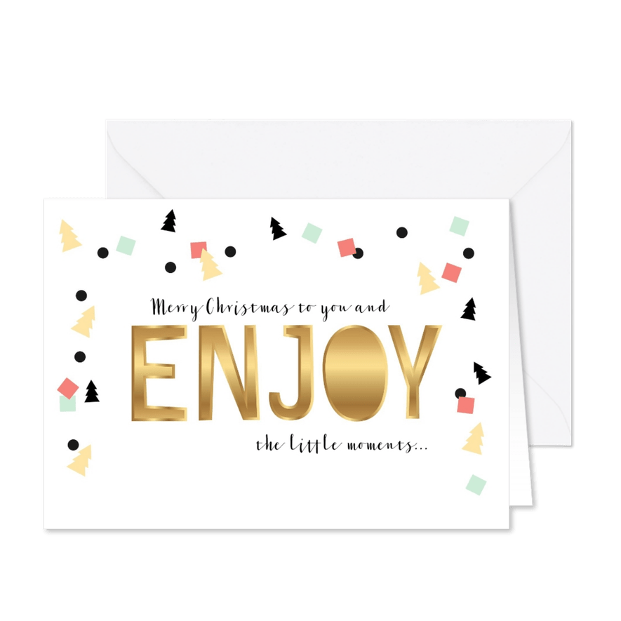 Kerstkaart goud-look Enjoy en confetti - Kaartimpressie