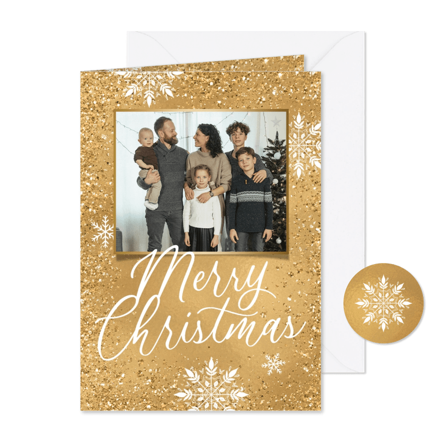 Kerstkaart goud merry christmas foto sneeuwvlokken glitters - Kaartimpressie